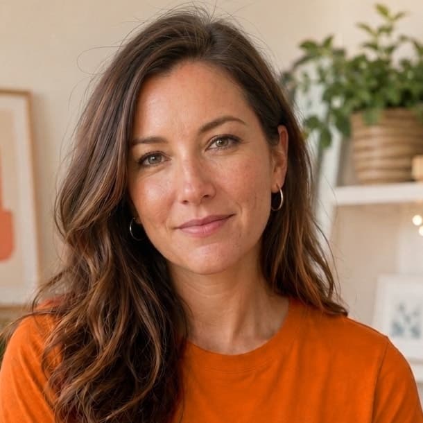Posy, the AI-generated presenter for Postivia: a woman in a burnt-orange Postivia t-shirt